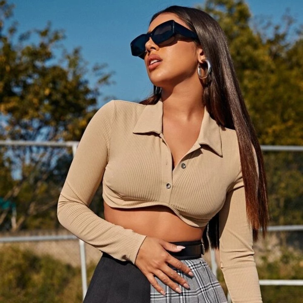 SHEIN Ribbed Long sleeve cropped Tee